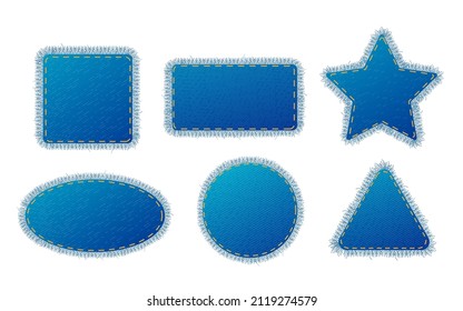 Denim patches of different shapes, realistic vector illustration isolated on white background. Set of jeans fabric with fringe on the edges. Stickers in the form of star, circle, triangle and square.