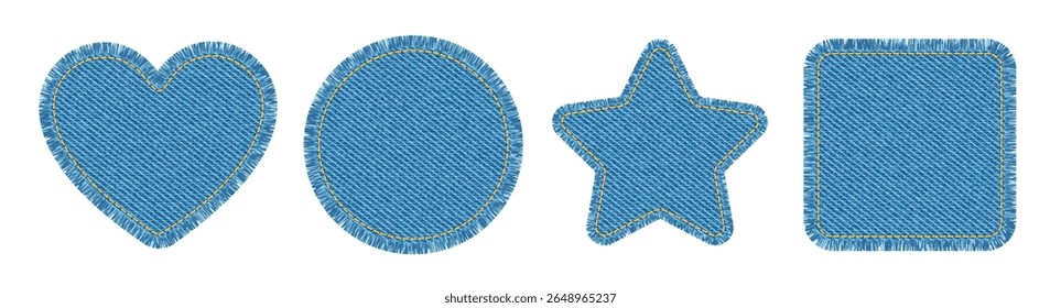 Manchas de jeans em forma de coração, estrela, quadrado e círculo com pontos. Etiquetas de tecido azul com textura de calça jeans e bordas rasgadas. Peças de retalhos de tecido denim azul, ilustração vetorial