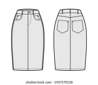 Denim pencil skirt technical fashion illustration with knee length, normal waist, high rise, curved, coin and angled pockets. Flat bottom template front, back, white color style. Women, men CAD mockup