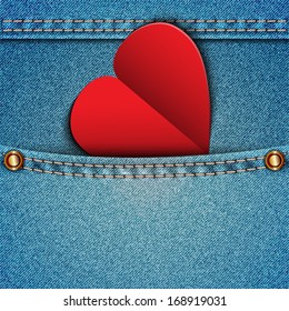 Denim pocket and an attached heart  Vector illustration 
