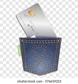Denim pocket with credit card on a gray background. Vector illustration