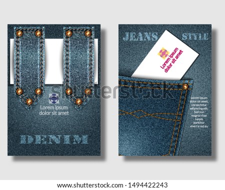 Denim pocket on Jeans background. Slip of paper and business card. Poster, banner or leaflet template. Vector illustration