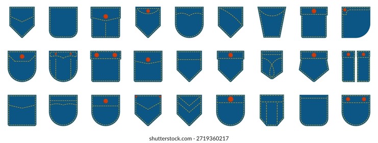 Denim pocket shape collection with stitching details. Blue jeans fabric elements in flat style. Vector icons for fashion design