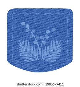 Denim pocket with tropical leaves print isolated on white background. Vector illustration.