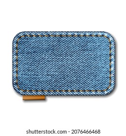 Denim rectangle shape with stitches. Jeans patch with seam. Vector realistic illustration on white background.