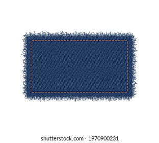 Denim rectangle shape with stitches. Torn jean patchwith seam. Vector realistic illustration on white background.