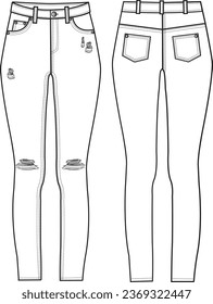 Denim Ripped Skinny Jean. Technical fashion illustration with 5 pockets. Front and back, white colour. Women's ``CAD mock up.