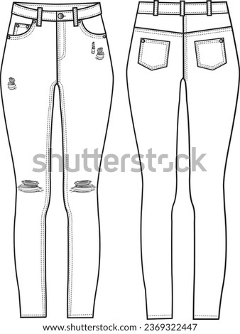Denim Ripped Skinny Jean. Technical fashion illustration with 5 pockets. Front and back, white colour. Women's ``CAD mock up.