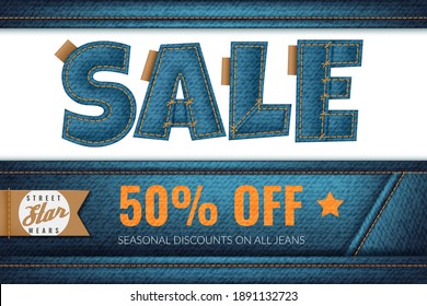 Denim sale. Promotional fashion blue jeans discount, fabric font, marketing brochure, coupon or flyer. Rough textiles with contrasting seams and leather tags, indigo backdrop. Vector poster template