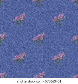 Denim seamless background with printed flowers bouquets of roses. Vector illustration.