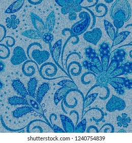 Denim seamless pattern. Denim floral background. Blue jeans cloth. Jeans background hand draw paisley flowers