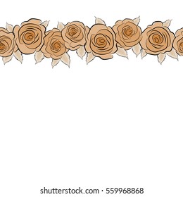 Denim seamless pattern. Denim floral background. Jeans background with beige and orange rose flowers and copy space (place for your text). Blue jeans cloth. Horizontal vector stylized roses.