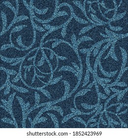 Denim seamless pattern with floral ornament. Intertwined twigs with leaves on blue jeans background. Vector illustration.
