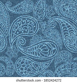 Denim seamless pattern with Indian ornament. Turkish cucumber on blue jeans background. Vector illustration.