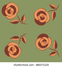 Denim seamless pattern. Jeans background with orange, brown and green rose flowers. Vector stylized roses. Denim floral background. Blue jeans cloth.