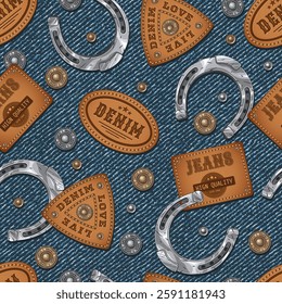 Denim seamless pattern with scattered buttons, rivets, leather brand patches, silver horseshoes. Detailed denim grunge texture on background. Vintage style