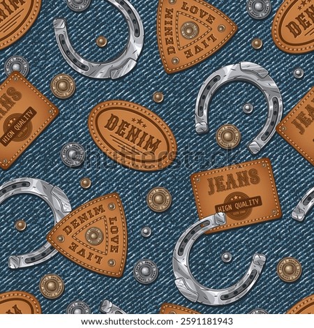 Denim seamless pattern with scattered buttons, rivets, leather brand patches, silver horseshoes. Detailed denim grunge texture on background. Vintage style