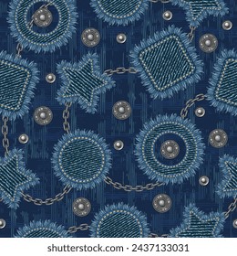 Denim seamless pattern with scattered patches with fringe, jeans buttons, rivets, silver steel chains. Blue grunge abstract texture with criss crossed lines on background. Vintage style