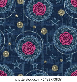 Denim seamless pattern with scattered patches with fringe, jeans buttons, rivets, pink roses. Blue grunge abstract texture with criss crossed lines on background. Vintage style