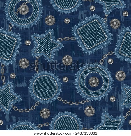 Denim seamless pattern with scattered patches with fringe, jeans buttons, rivets, silver steel chains. Blue grunge abstract texture with criss crossed lines on background. Vintage style