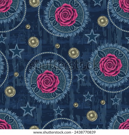 Denim seamless pattern with scattered patches with fringe, jeans buttons, rivets, pink roses. Blue grunge abstract texture with criss crossed lines on background. Vintage style