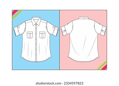 DENIM SHIRT, DOUBLE POCKET FASHION CAD PATTERN TEMPLATE TECHNICAL DRAWING ILLUSTRATION