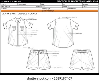  DENIM SHIRT, DOUBLE POCKET FASHION CAD PATTERN TEMPLATE TECHNICAL DRAWING ILLUSTRATION