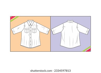 DENIM SHIRT, DOUBLE POCKET, QUATER SLEEVE FASHION CAD PATTERN TEMPLATE TECHNICAL DRAWING ILLUSTRATION