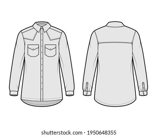 Denim shirt jacket technical fashion illustration with oversized body, pockets, button closure, classic collar, long sleeves. Flat apparel front, back, grey color style. Women, men unisex CAD mockup