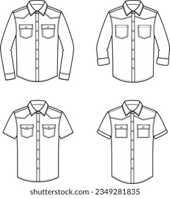 Denim shirt with long and short sleeve flat sketch. Jeanswear apparel design. Men CAD mockup.Fashion technical drawing template. Vector illustration.