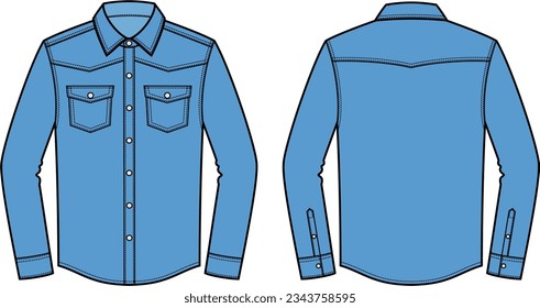 Denim shirt with long sleeve flat sketch. Jeanswear apparel design. Men CAD mockup. Fashion technical drawing template. Vector illustration.