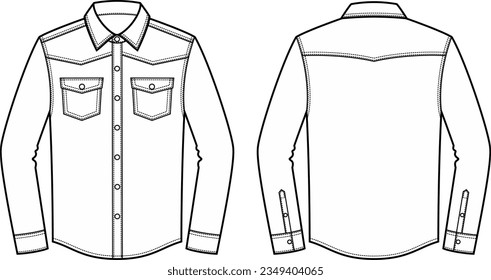 Denim shirt with long sleeve flat sketch. Apparel design. Front and back. Men CAD mockup. Fashion technical drawing template. Vector illustration.