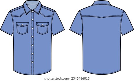 Denim shirt with short sleeve flat sketch. Jeanswear apparel design. Front and back. Men CAD mockup. Technical drawing template. Vector illustration.