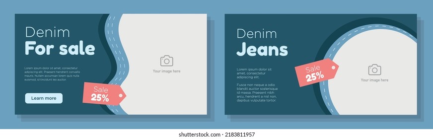 Online-Banner-Set für Denim-Shop, Modejeans-Werbezeichen, Bekleidungsangebot, horizontale Werbung, Marketing-Post für Produkte mit Rabatt-Inhalten, kreative Broschüre einzeln auf Hintergrund