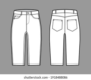 Denim short pants technical fashion illustration with knee length, low waist, rise, curved, coin, angled 5 pockets. Flat breeches bottom template front, back, white color style. Women, men CAD mockup