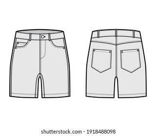 Ilustración técnica de la moda para pantalones cortos de denim con longitud media del muslo, cintura baja, ascenso, curva, moneda y 5 bolsillos de enredo. Delantera de la plantilla plana inferior, estilo de color gris de fondo. Mujeres, hombres unisex CAD mockup