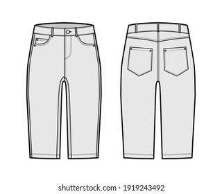 Denim short pants technical fashion illustration with knee length, low waist, rise, curved, coin, angled 5 pockets. Flat breeches bottom template front, back, white color style. Women, men CAD mockup