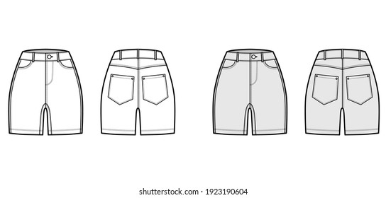 Denim short pants technical fashion illustration with mid-thigh length, normal waist, high rise, curved 5 pockets. Flat bottom template front, back, white grey color style. Women men unisex CAD mockup