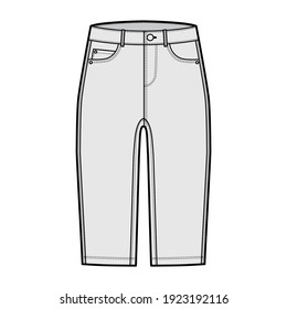 Denim short pants technical fashion illustration with knee length, low waist, rise, curved, coin, angled 5 pockets. Flat breeches bottom template front, grey color style. Women, men CAD mockup