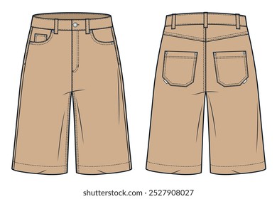 Denim Short Pants ilustração de moda técnica. Shorts moda modelo de desenho técnico plano, bolsos, frente e vista traseira, bege, mulheres, homens, maquete CAD unissex.