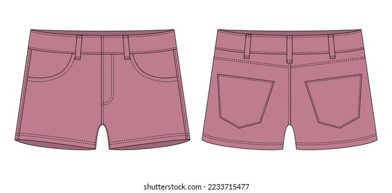 Denim short with pockets technical sketch. Pudra color. Kids jeans shorts design template. Front and back view. CAD vector illustration