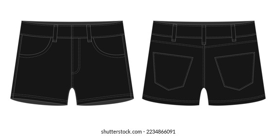 Denm kurz mit Taschen technischen Skizze. Schwarze Farbe. Kids jeans verkürzt Design-Vorlage. Vorder- und Rückseite. CAD-Vektorgrafik