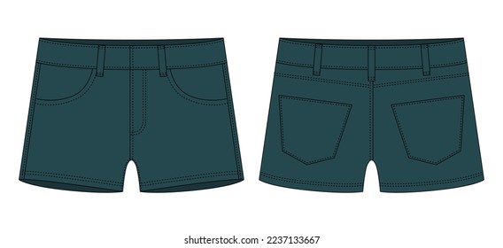 Denim short with pockets technical sketch. Dark green color. Kids jeans shorts design template. Front and back view. CAD vector illustration