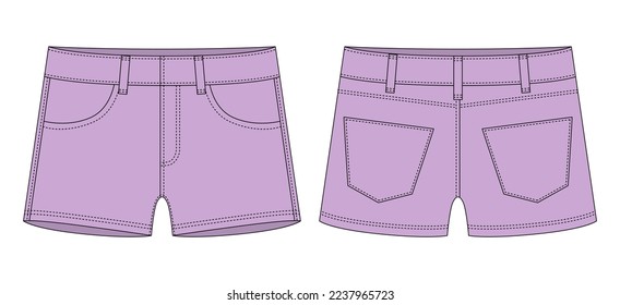 Denim short with pockets technical sketch. Pastel purple color. Kids jeans shorts design template. Front and back view. CAD vector illustration
