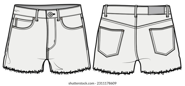 Denim Short mit Raw Hem, Frayed ihn Denim Shorts Front und Back View. Mode Illustration, Vektorgrafik, CAD, Technische Zeichnung, Flach-Zeichnung, Vorlage, Mock-up.	