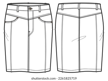 Denim Short Tight Pencil Cut Skirt Front and Back View. Fashion Illustration, Vector, CAD, Technical Drawing, Flat Drawing, Template, Mockup.	