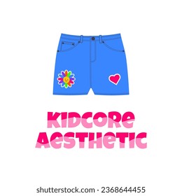 Denim shorts in bright neon colors in the style of the 90s. Kidcore aesthetic, y2k style. Trendy illustration for cotton, social media marketing, branding, packaging, covers. Vector