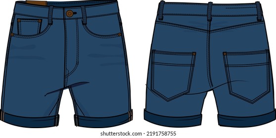 Denim Shorts entwerfen flache Skizze, Vektorgrafik, Chino casual shorts Konzept mit Vorder- und Rückansicht, gedruckte Walking bermuda Walking Jeans kurze Design-Illustration