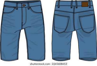 Denim Shorts design flat sketch vector illustration, Chino casual shorts concept with front and back view, printed walking bermuda walking jeans shorts design illustration