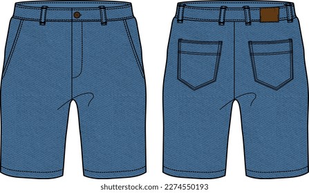 Denim Shorts design flat sketch vector illustration, Chino casual shorts concept with front and back view, printed walking bermuda walking jeans shorts design illustration